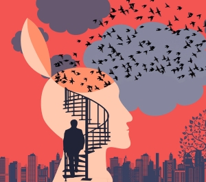 Man walking into a brain graphic